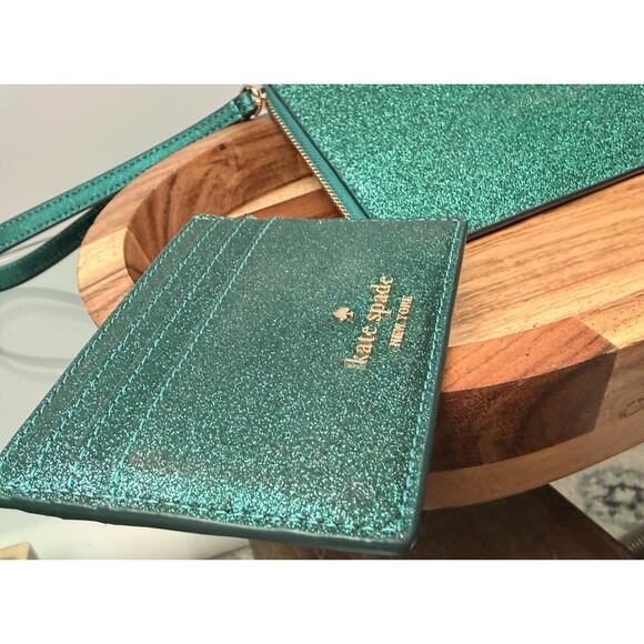 Kate Spade Lucy Glitter Medium L-Zip Teal Green Wristlet KE454 Wallet Defects - Picture 8 of 13